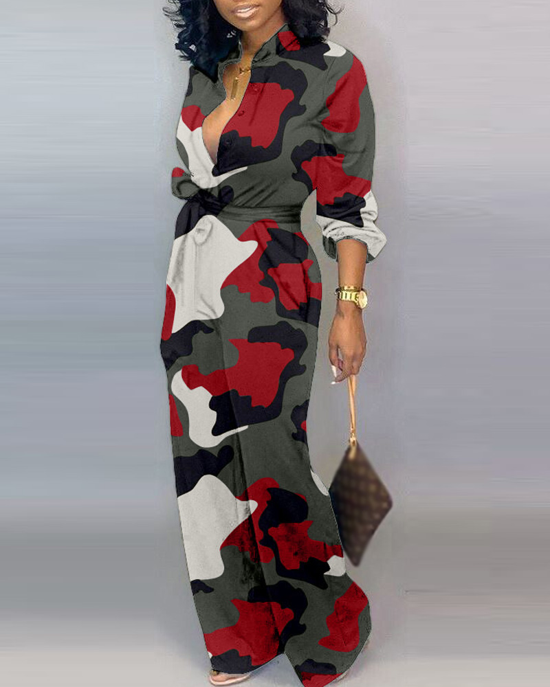 

Camouflage Print Long Sleeve Belted Jumpsuit, Red