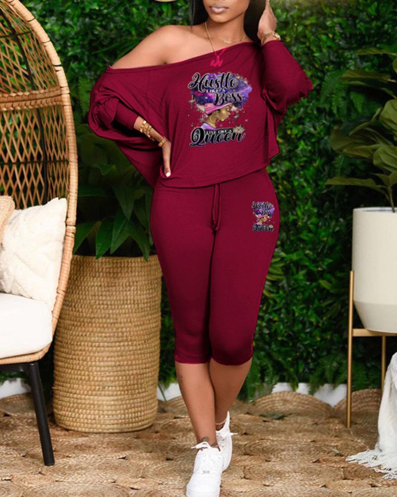 

Letter Figure Print Skew Neck Sweatshirt & Sweatpants Set, Wine red