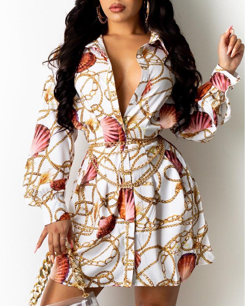 

Shell Chain Print Long Sleeve Buttoned Shirt Dress, White