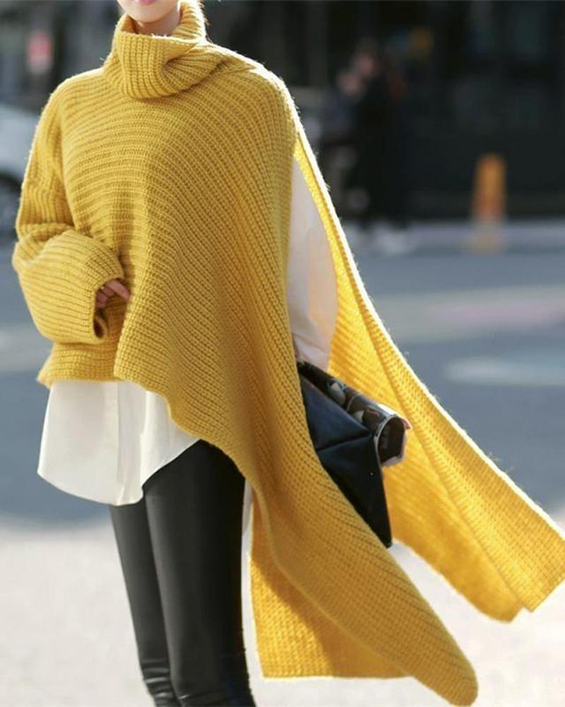 

Asymmetrical Turtleneck Chunky Knit Sweater, Yellow