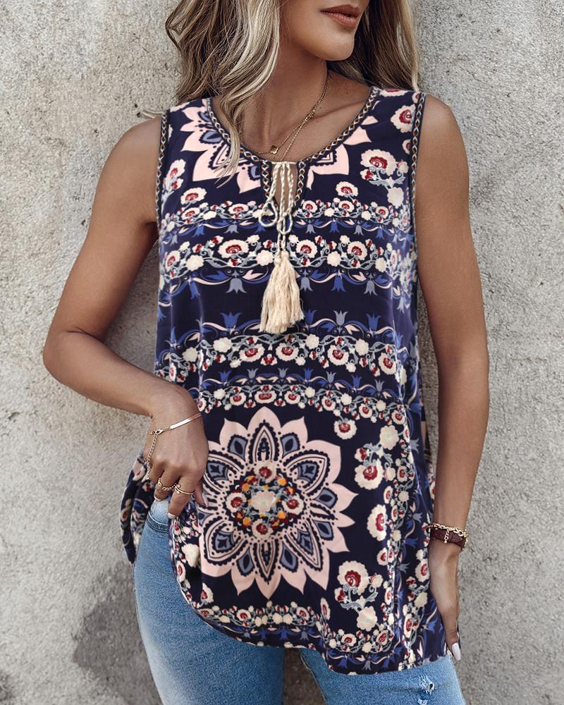 

Tribal Print Sleeveless Tied Detail Tank Top, Multicolor