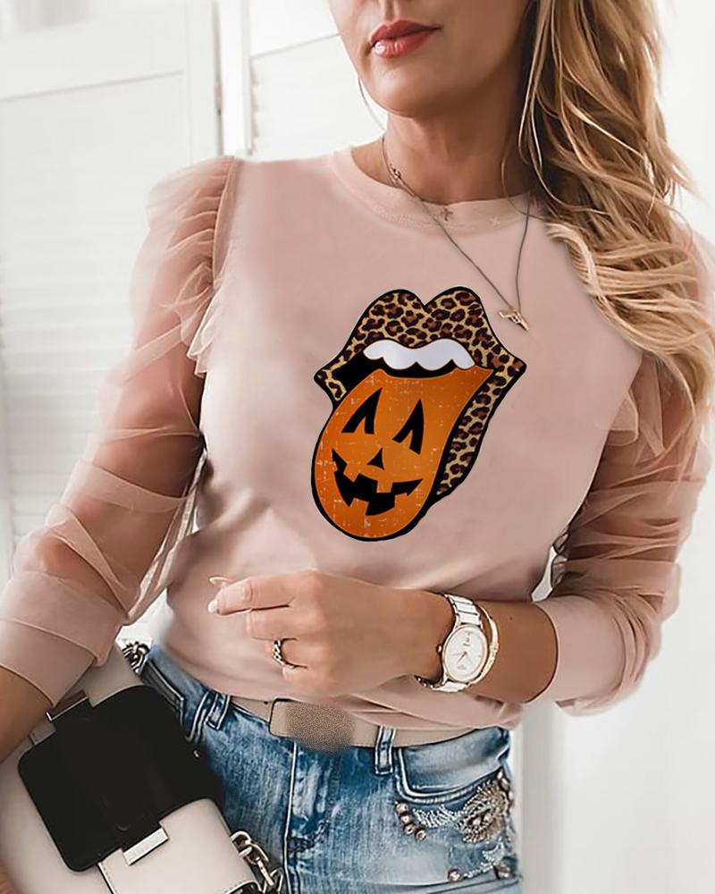 

Halloween Lip Print Contrast Mesh Puff Sleeve Top, Pink