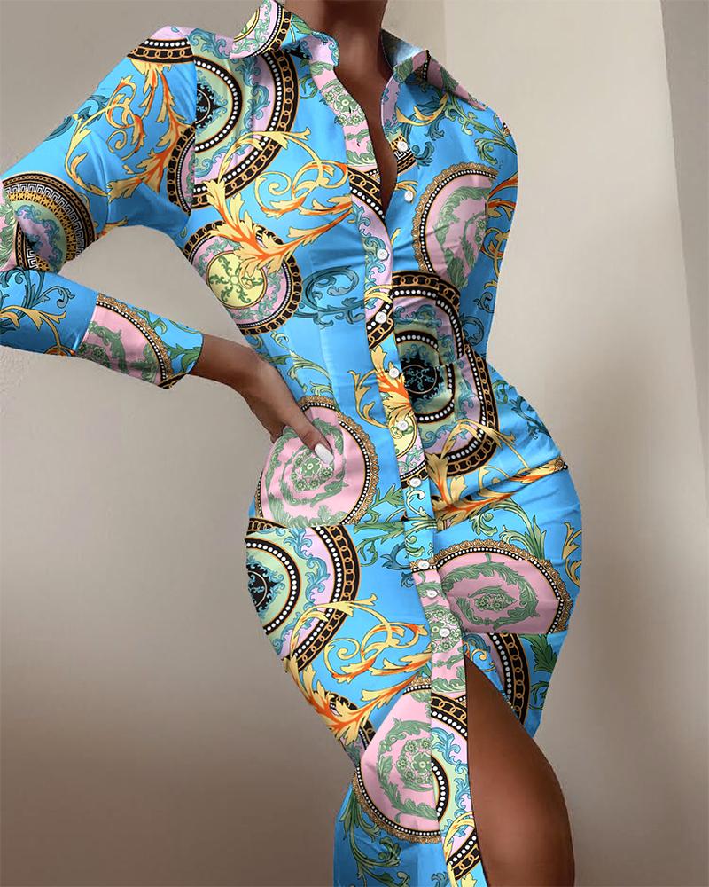 

Baroque Print Long Sleeve Button Down Shirt Dress, Multicolor