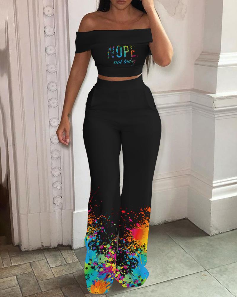 

Off Shoulder Letter Print Top & Ink Splash Print Pants Set, Black