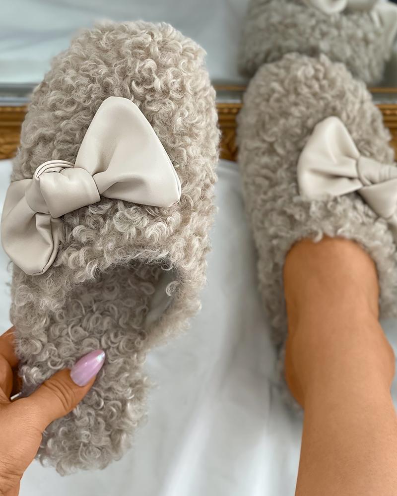 

Bowknot Decor Fluffy Casual Slippers, Beige