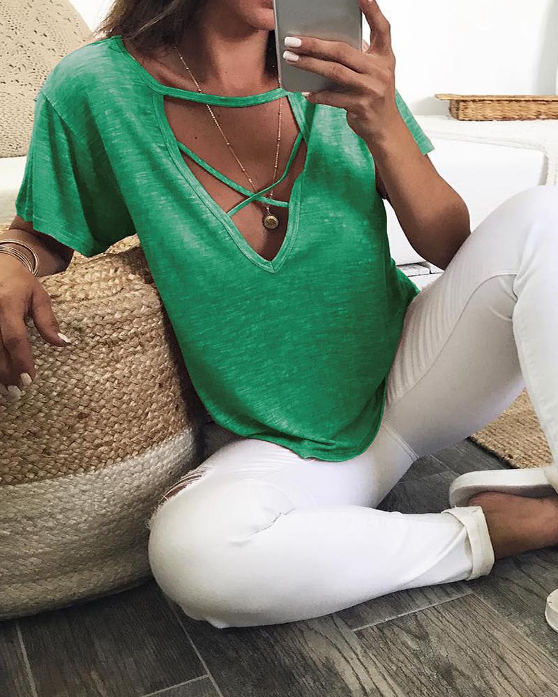 

Bandage Cutout Short Sleeve Casual T-shirt, Green