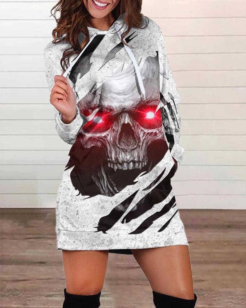 

Halloween Skull Print Hooded Sweatshirt Dress, White