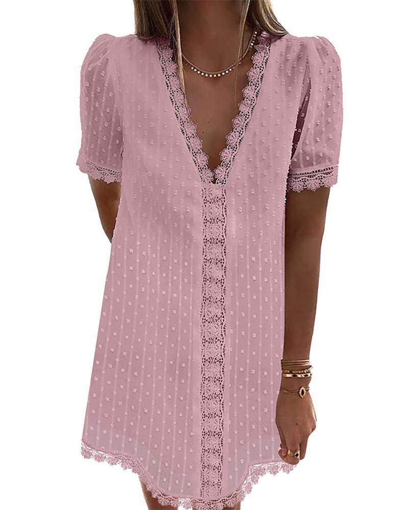 

Puff Sleeve Swiss Dot Lace Trim Dress, Pink