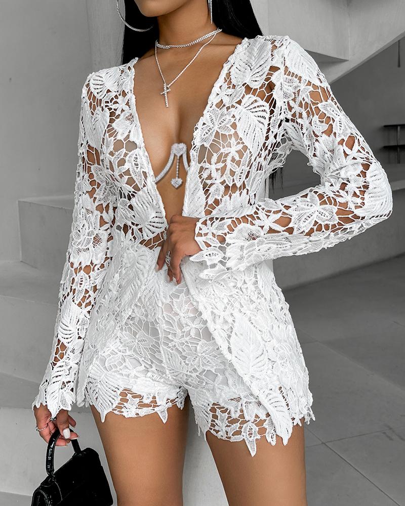 

Long Sleeve Guipure Lace Top & Shorts Set, White