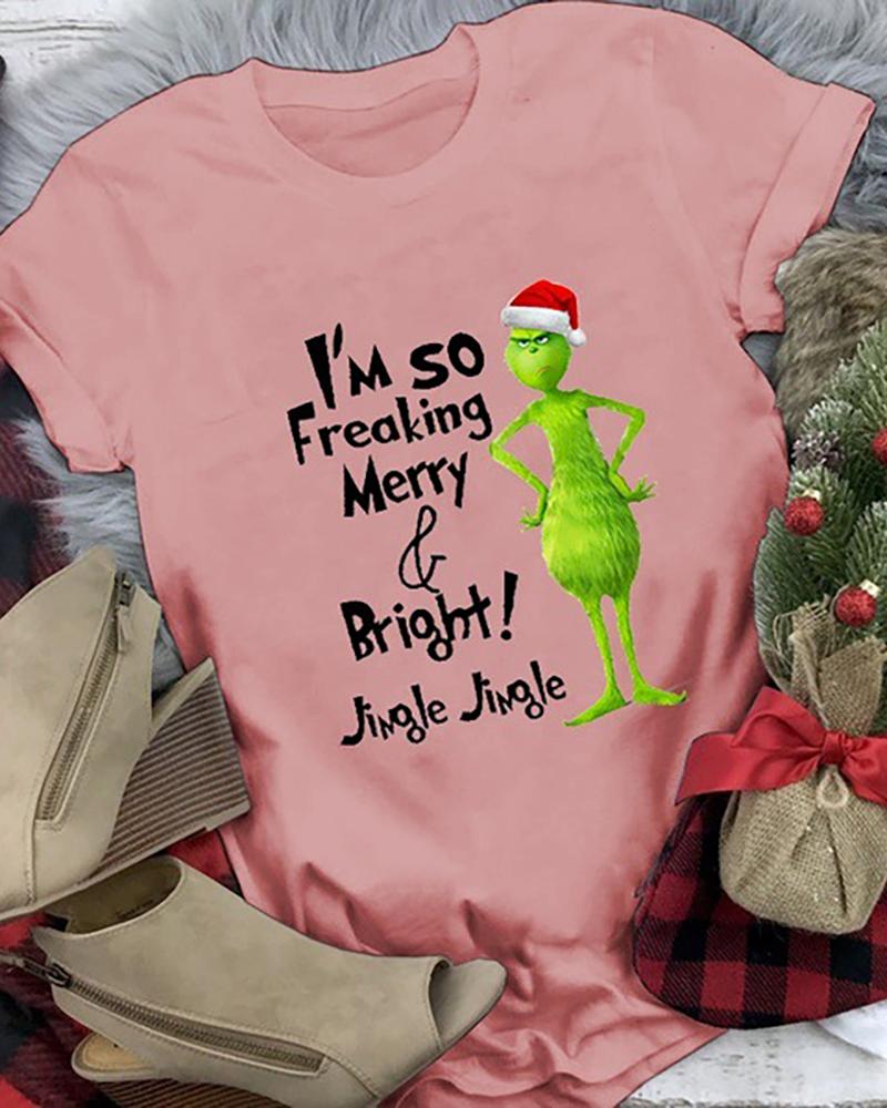 

Christmas Grinches Letter Print Short Sleeve T-shirt, Pink