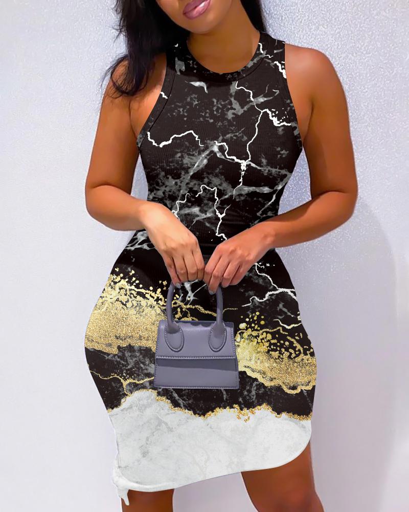 

Marble Print Sleeveless Bodycon Dress, Black