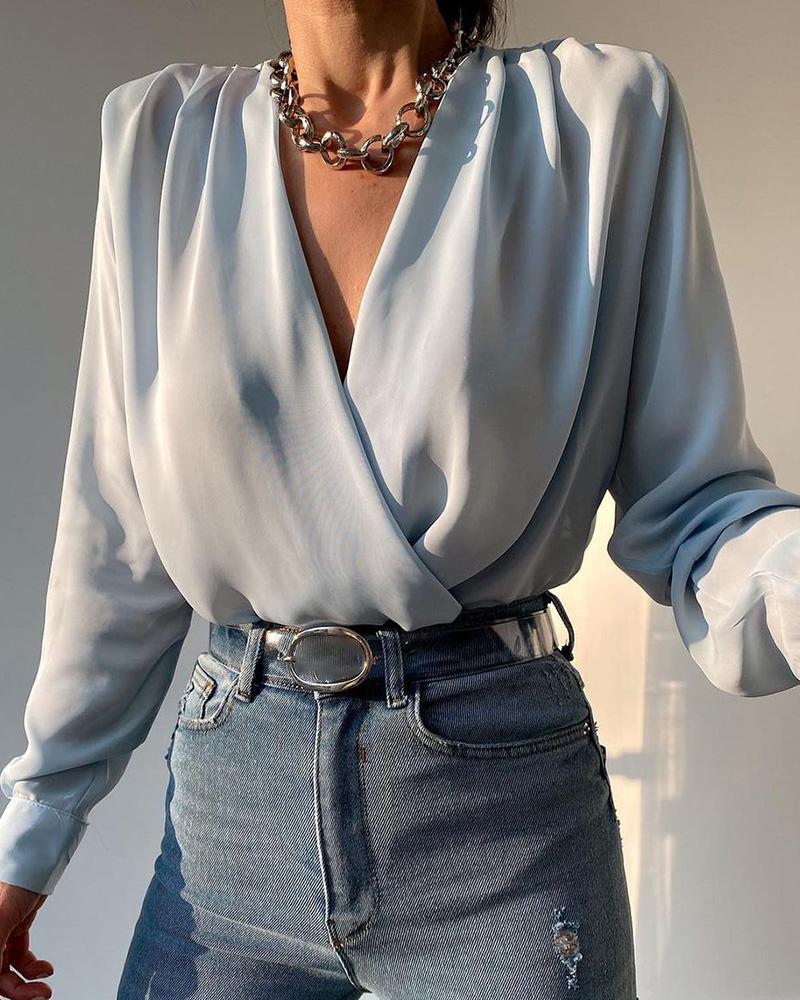 

Surplice Neck Long Sleeve Ruched Top, Light blue