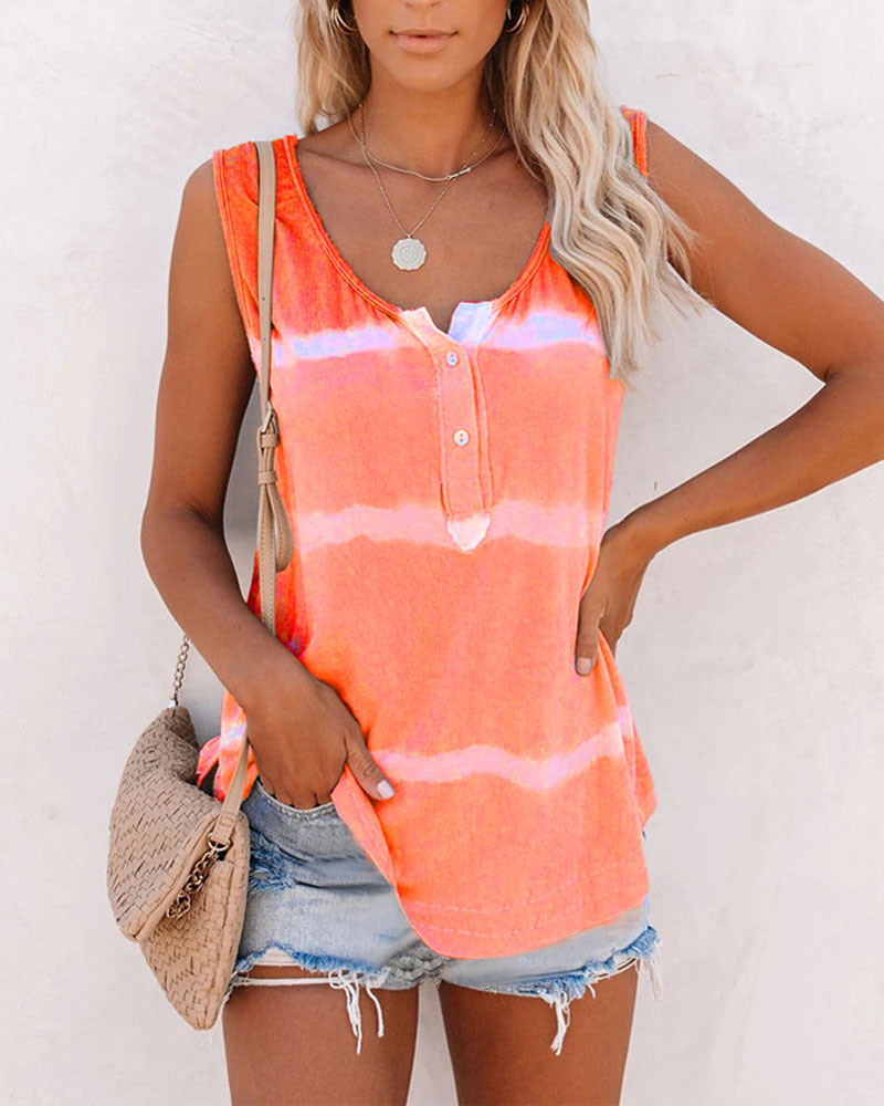 

Tie Dye Print Button Front Casual Tank Top, Orange