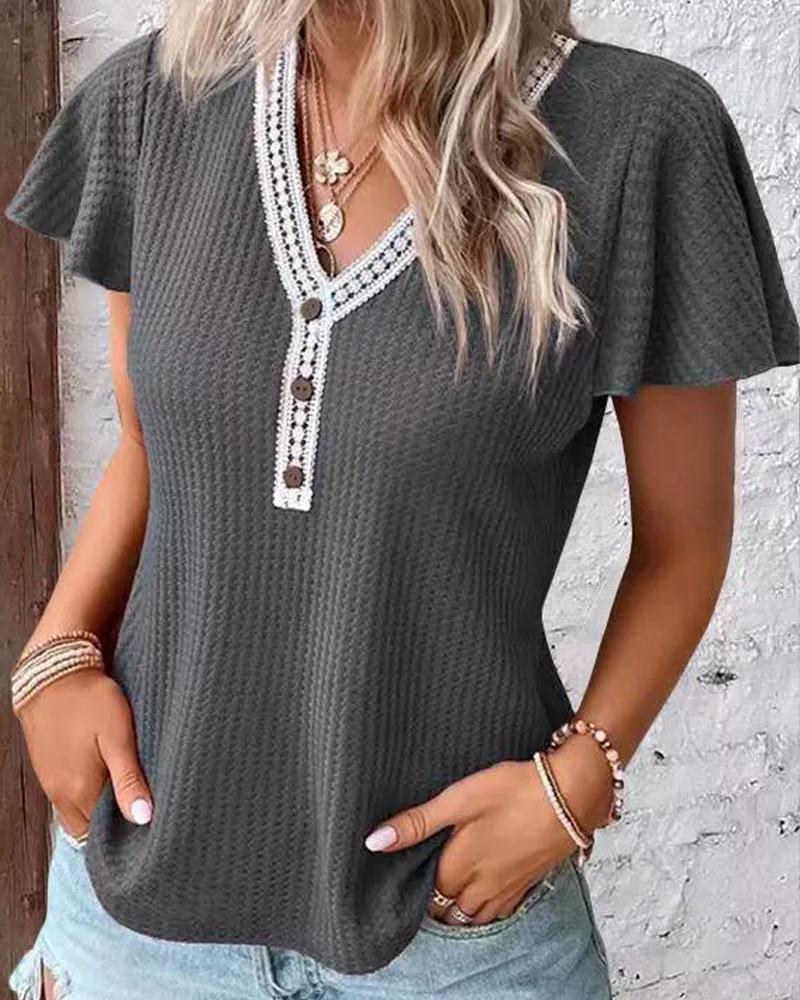 

Lace Patch Buttoned Waffle Knit Top, Dark grey
