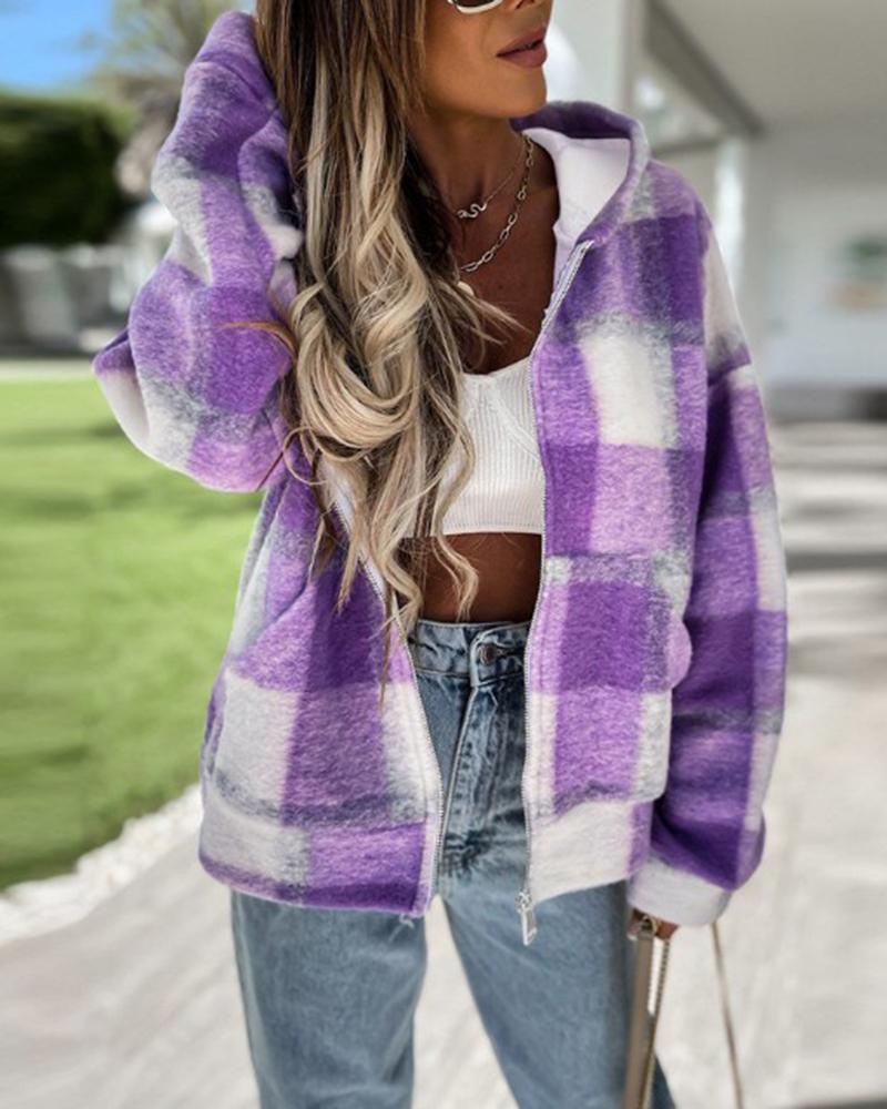 

Plaid Print Zipper Design Hooded Coat, Purple