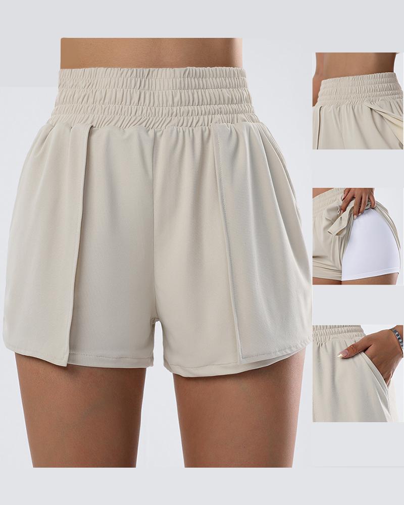 

Shirred Waist Ruched Active Shorts, Beige