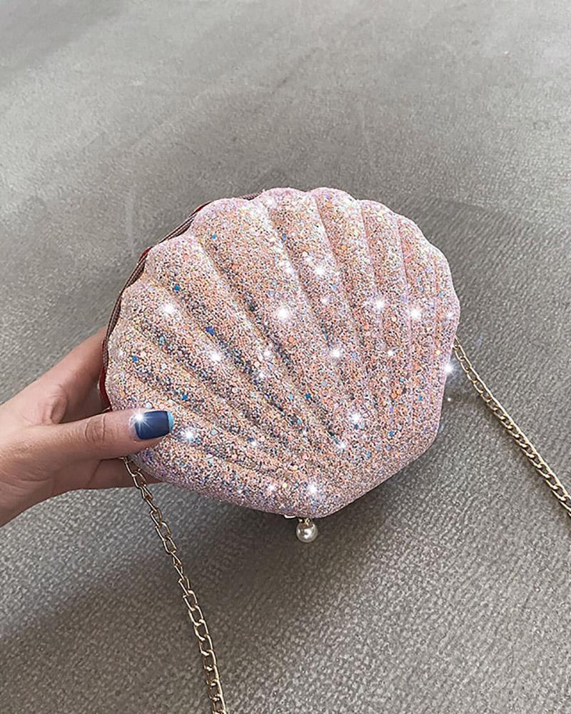 

Shell Shaped Glitter Chain Satchel Bag, Pink
