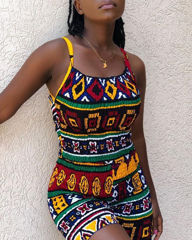 

Geo Pattern Print Colorblock Shirring Detail Romper, Multicolor