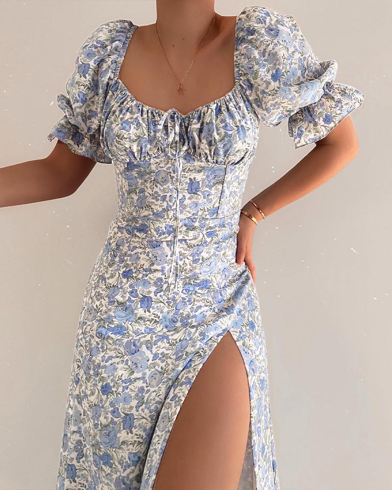 

Puff Sleeve High Slit Ruched Bust Floral Print Dress, Blue