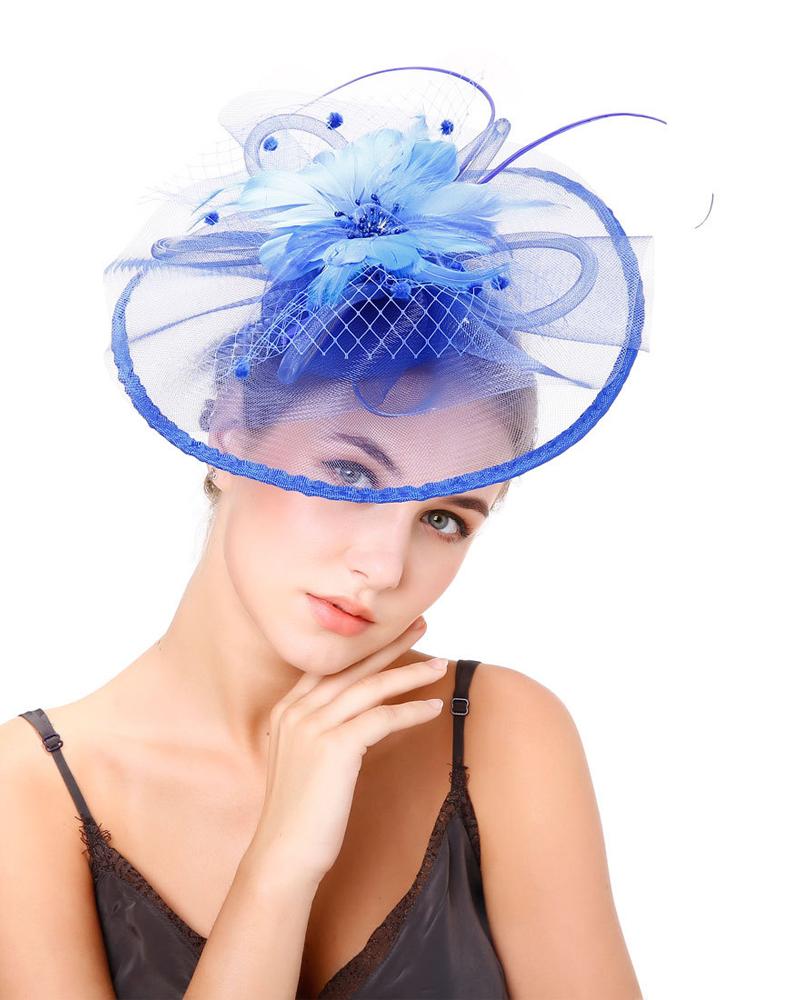 

1pc Feather Fascinator Hat Sheer Mesh Hair Clip Hairpin Hat Bridal Wedding Cocktail Tea Party Headwear, Blue