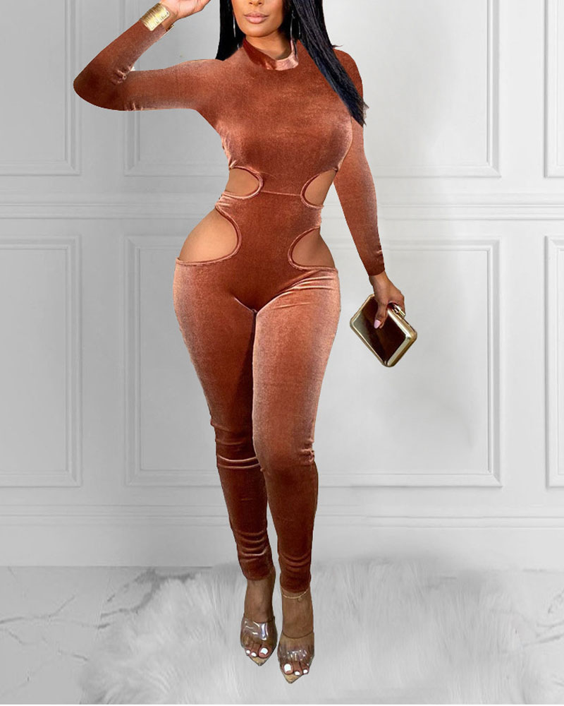 

Long Sleeve Cutout Skinny Jumpsuit, Brown
