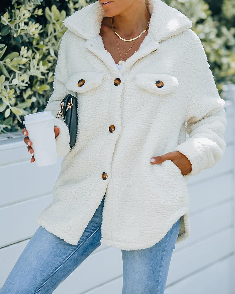 

Pocket Button Design Long Sleeve Fluffy Coat, Beige