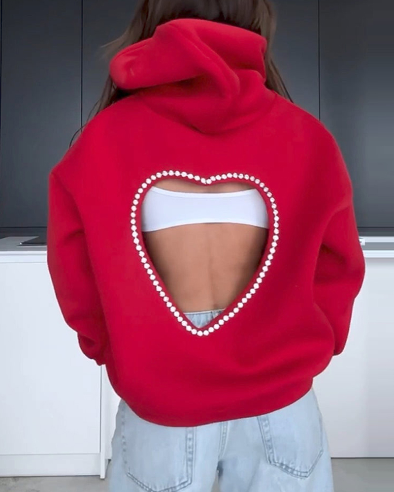 

Moletom com capuz manga comprida coração strass vazado casual solto top, Red