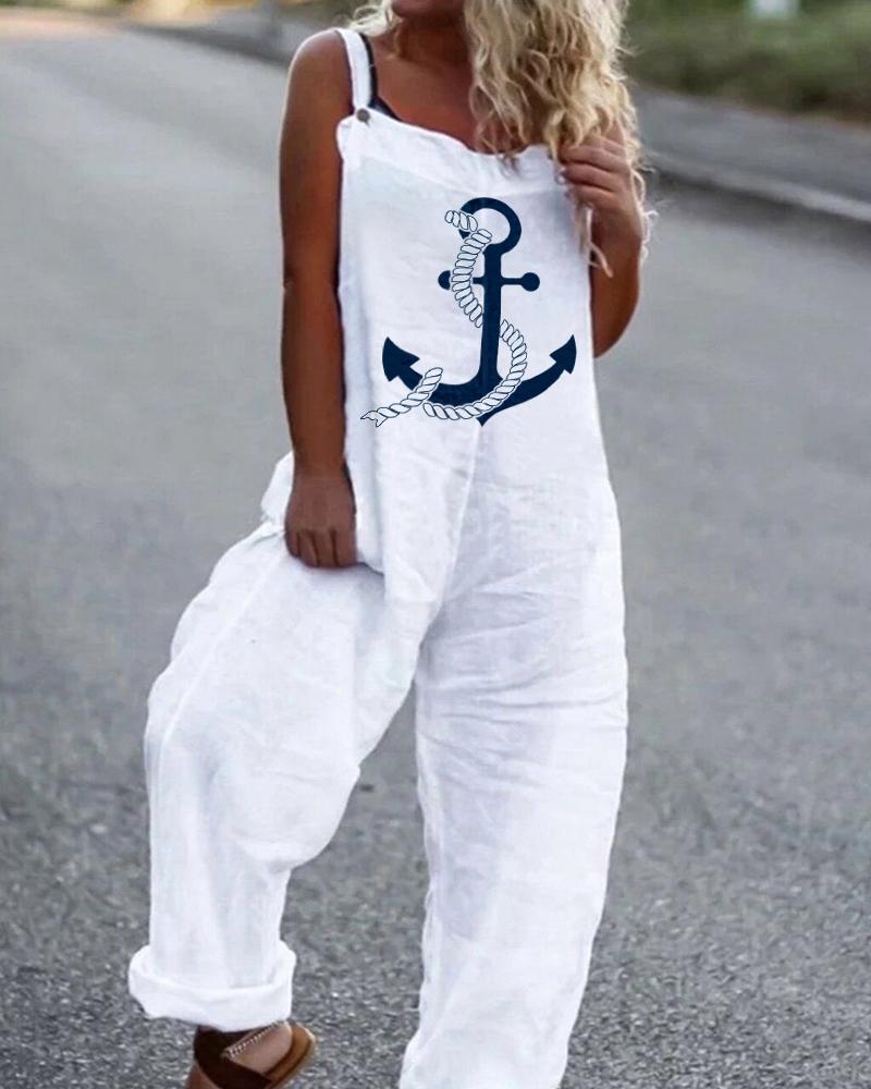 

Anchor Print Casual Suspender Jumpsuit, White