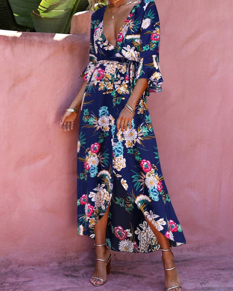 

High Slit Floral Print Maxi Dress, Dark blue