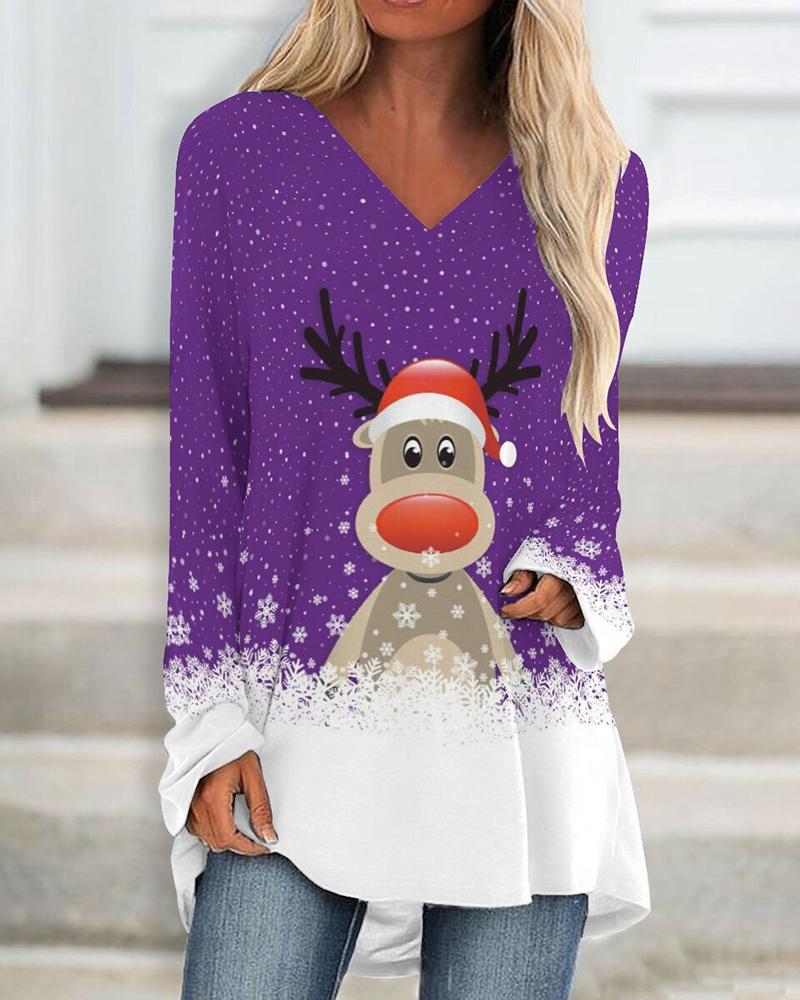 

Christmas V-Neck Elk Snowflake Print Top, Dark purple