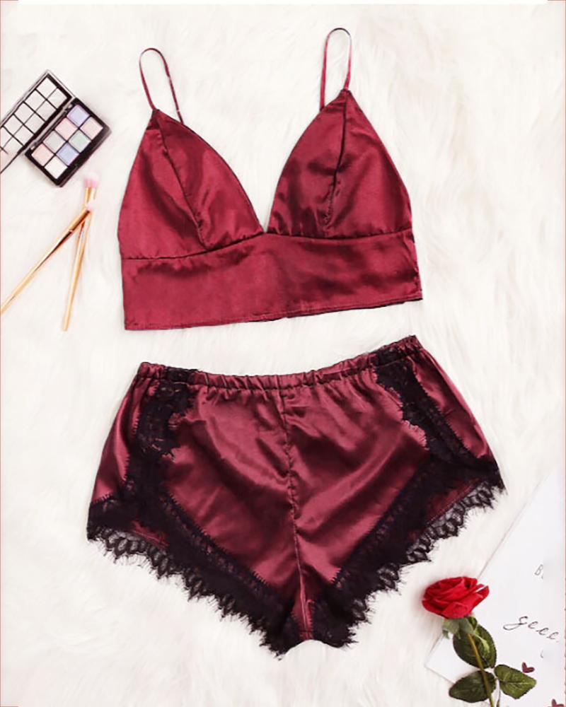 

Eyelash Lace V-neck Cami Set, Wine red