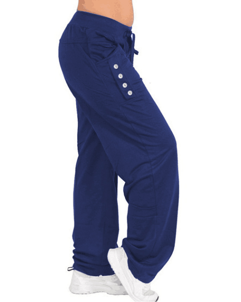 

Button Decor Slant Pocket Drawstring Straight Leg Pants, Purplish blue