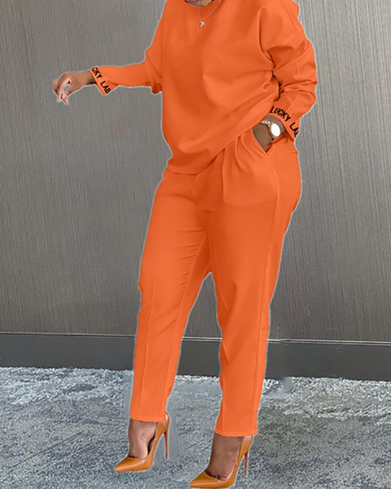

Letter Embroidery Long Sleeve Top & Pocket Design Pants Set, Orange