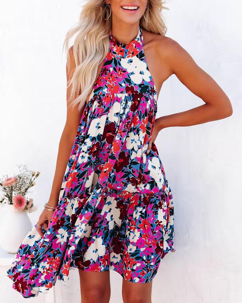 

Floral Print Halter Backless Casual Dress, Multicolor