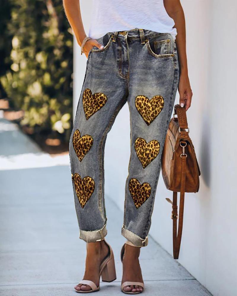 

Heart Pattern Cheetah Print Denim Pants, Dark grey