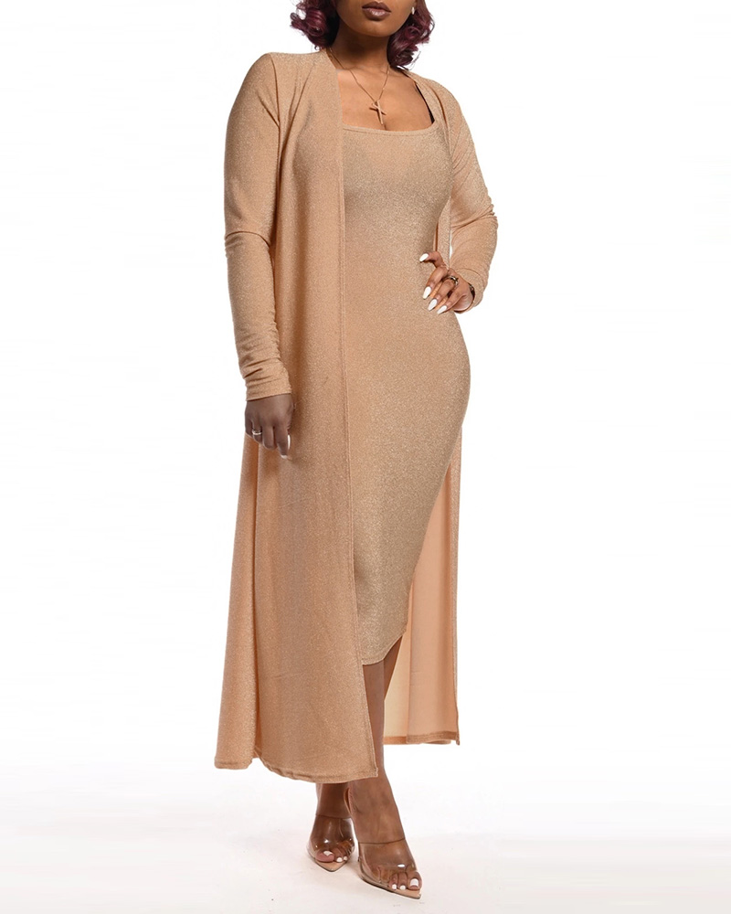

Glitter U Neck Bodycon Dress With Long Sleeve Coat, Orange
