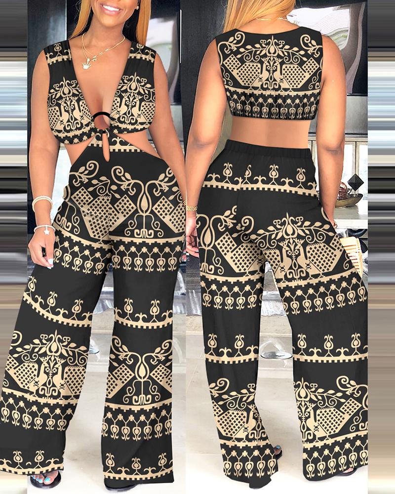 

Retro Tribal Print O-Ring Cutout Sleeveless Jumpsuit, Black