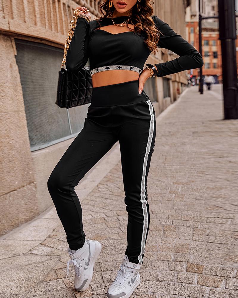 

Star Print Cutout Long Sleeve Top & Pants Set, Black
