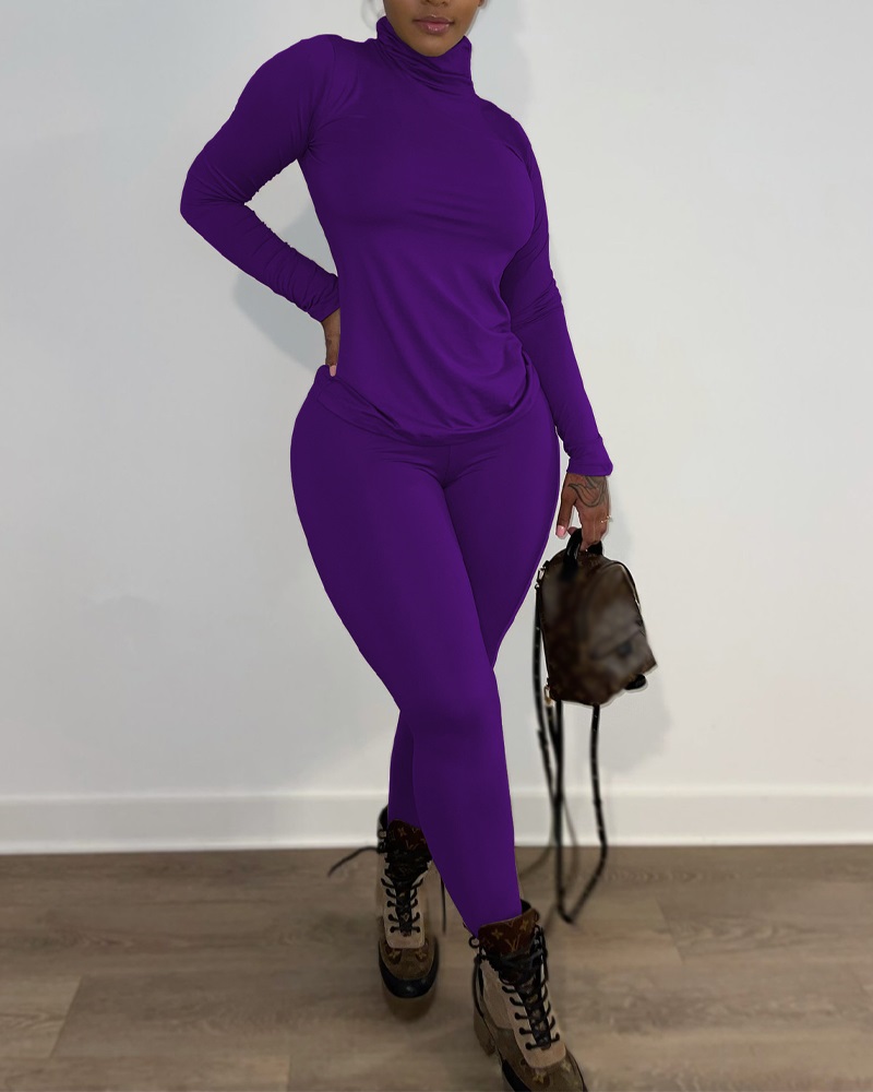 

Long Sleeve High Neck Top & Pants Set, Purple