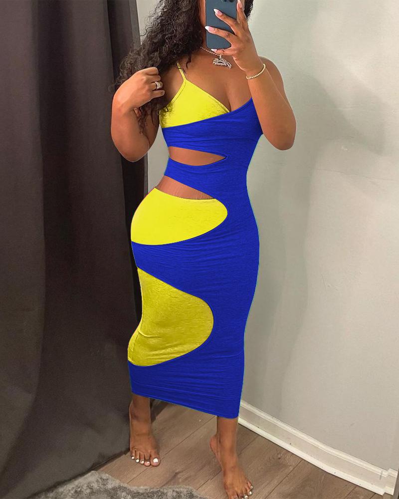 

2PCS Colorblock Cutout Bodycon Dresses Set, Blue&yellow