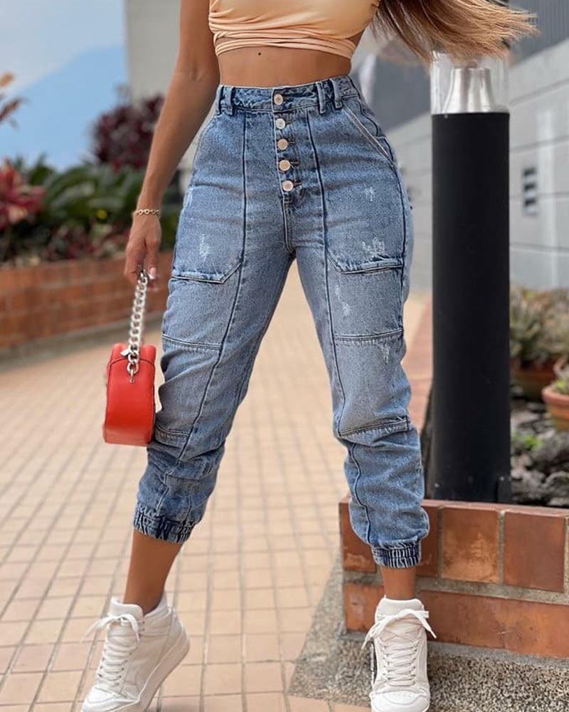 

Button Fly Slant Pocket High Waist Skinny Jeans, Blue