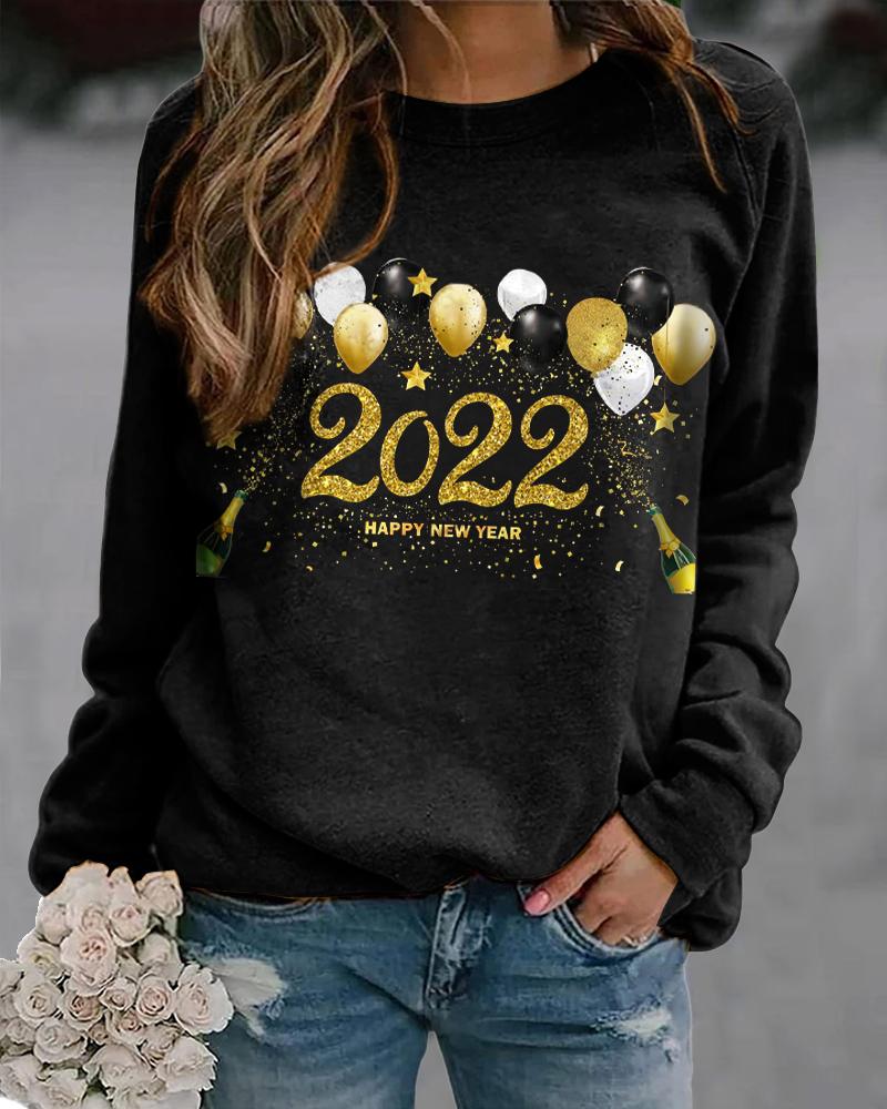 

Happy New Year Print Long Sleeve Sweatshirt, Black