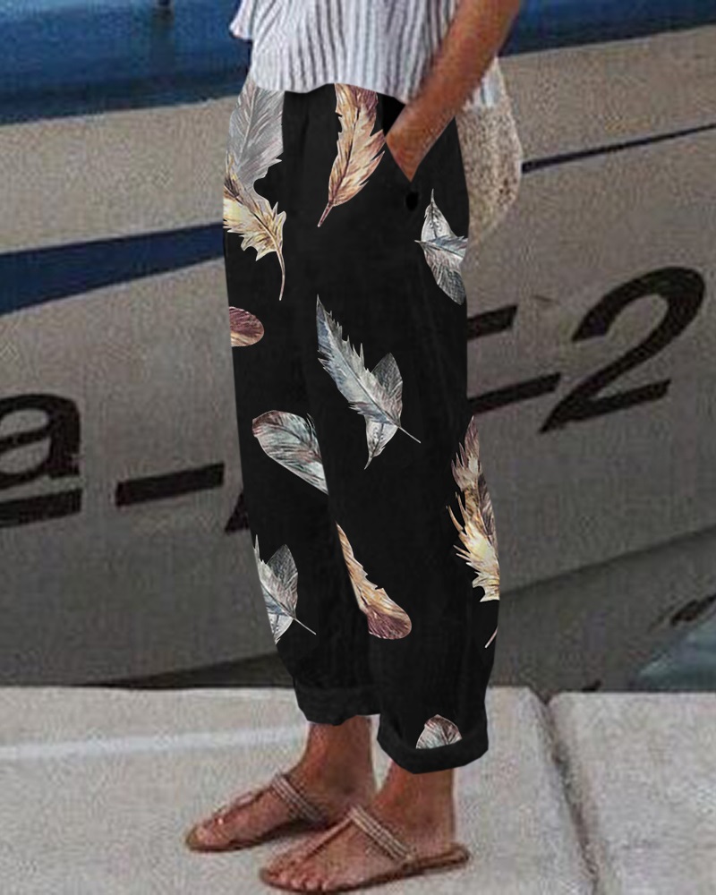 

Feather Print Pocket Design Casual Dress, Black