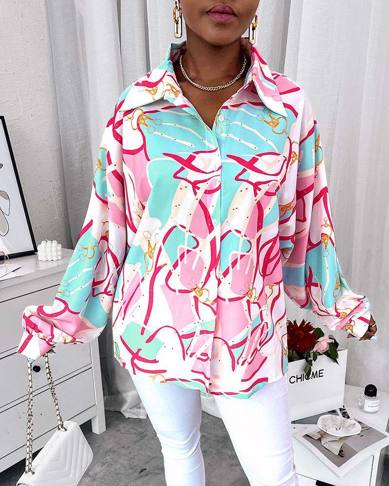

Scarf Print Lantern Sleeve Button Down Shirt, Multicolor