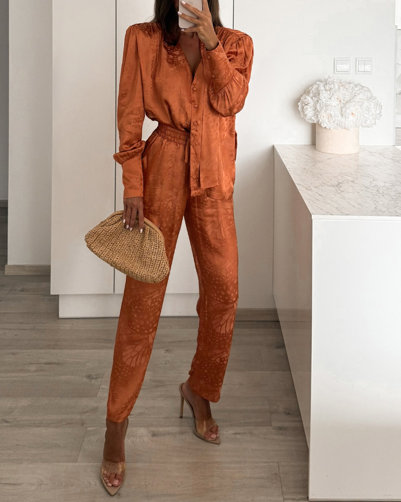 

2 Pieces Outfit V-Neck Button Front Long Sleeve Ruched Top and Drawstring Elastic Waist Pants Set Casual Satin Jacquard Set with Scarf, Orange
