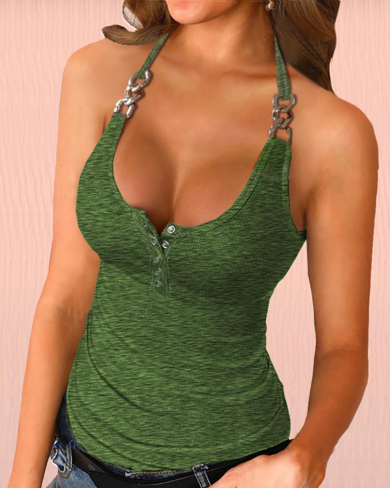 

Chain Decor Snap Button Halter Tank Top, Green
