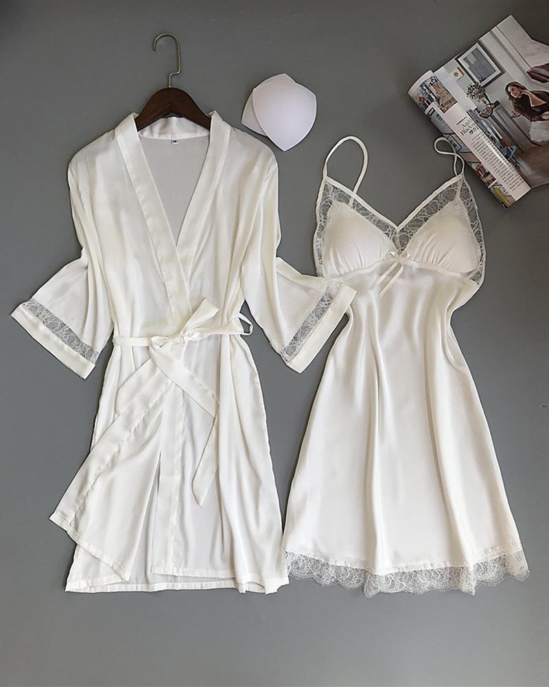 

Lace Patch Satin Sleep Dress With Robe, White