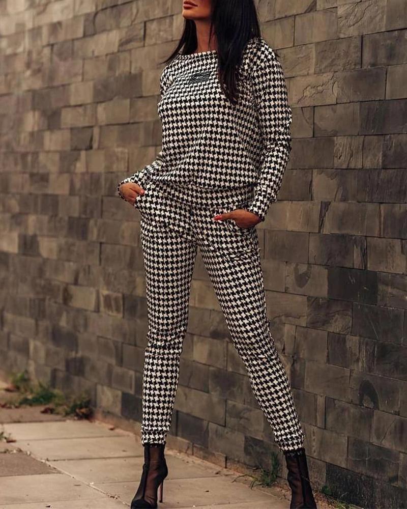 

Houndstooth Print Long Sleeve Top & Pants Set, Blackwhite