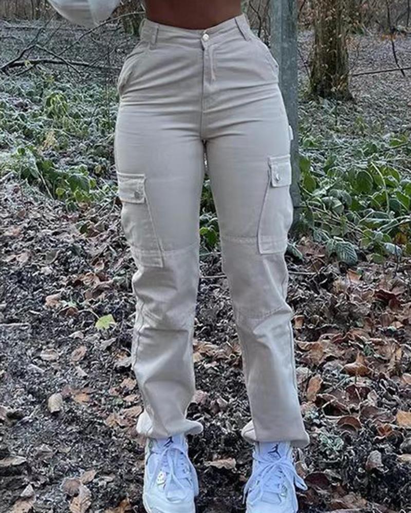 

Pocket Design High Waist Cargo Pants, Beige