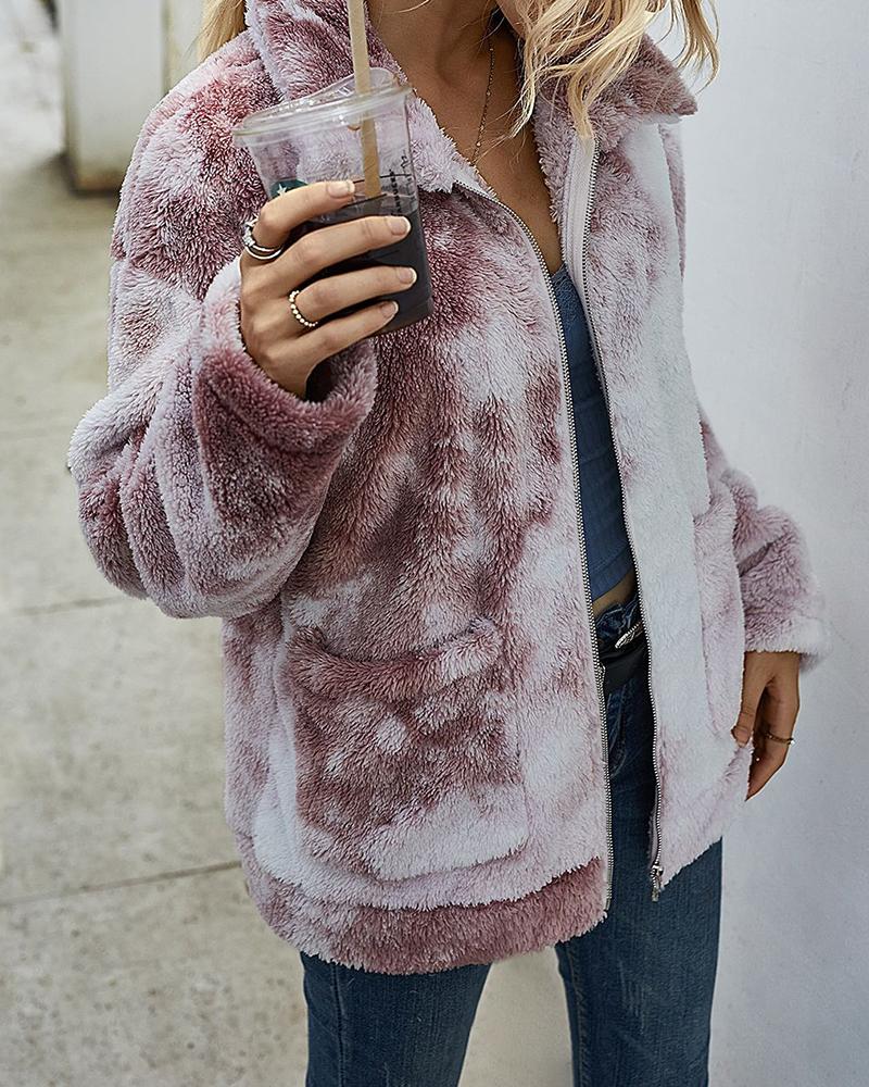 

Tie Dye Print Fluffy Pockets Teddy Coat, Wine red